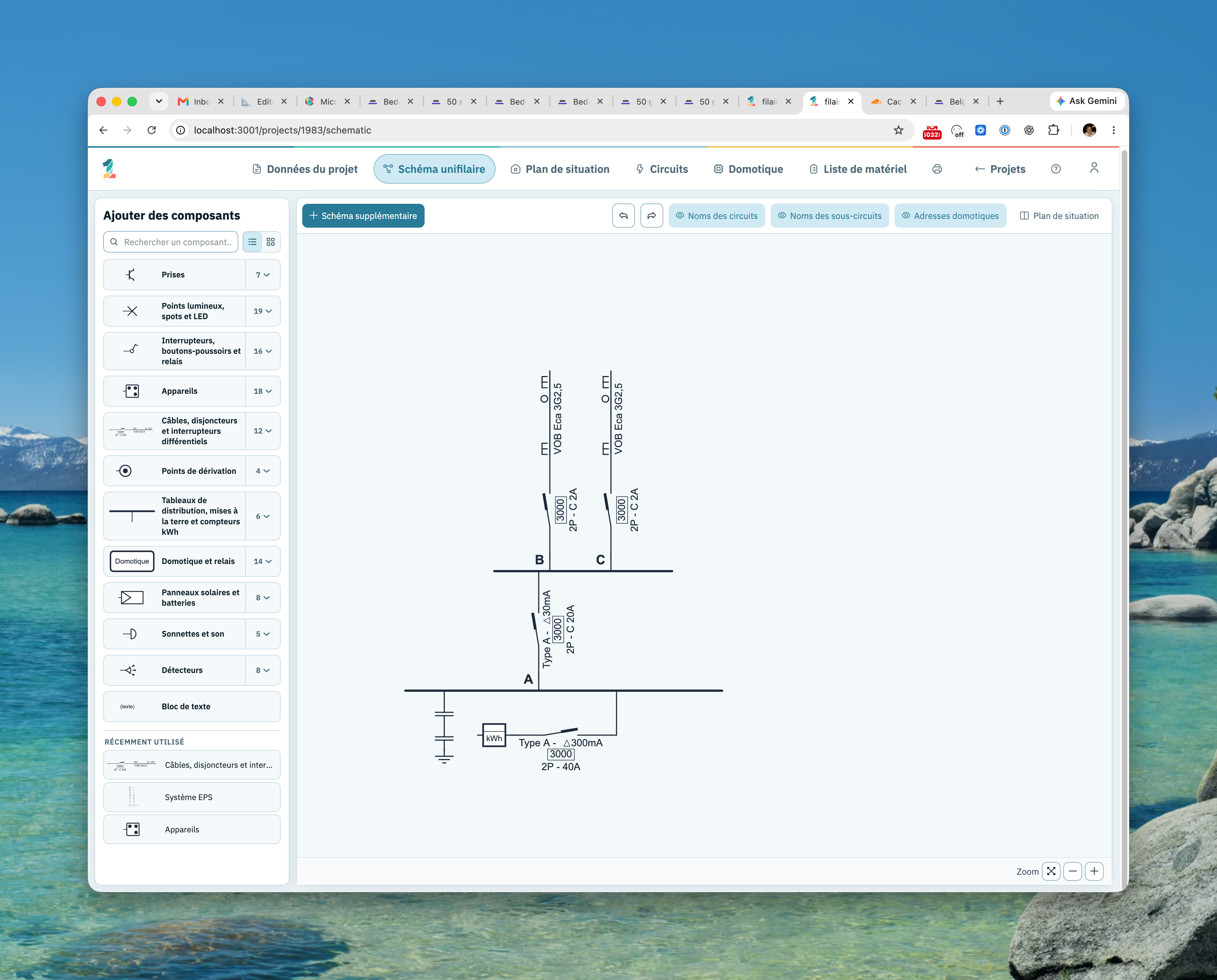 A new project in 1wire: the symbol library on the left, the single-line diagram with the supply connection already drawn on the right.